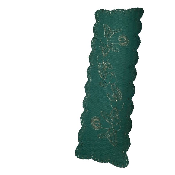Holiday Embroidered Table Runner Green Candle Berries Lace. - Picture 1 of 7